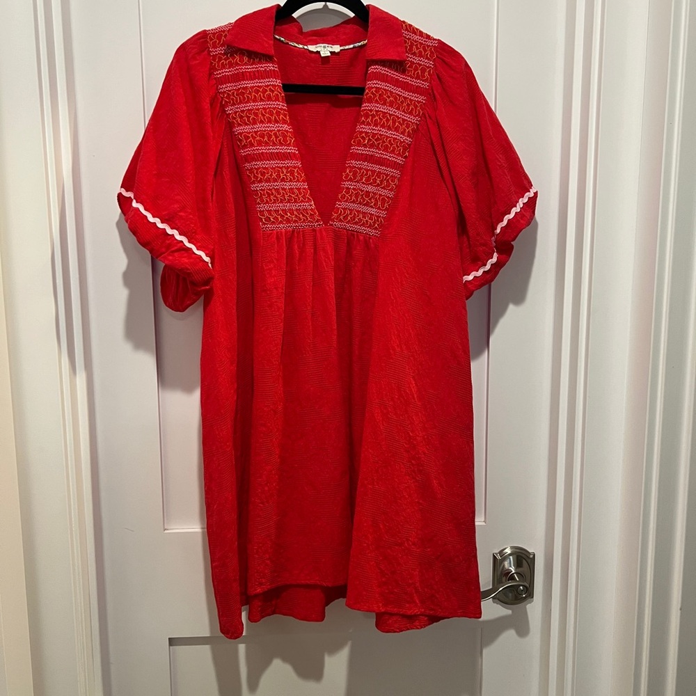 Umgee Red woman’s large smocked V-Neck Mini Dress